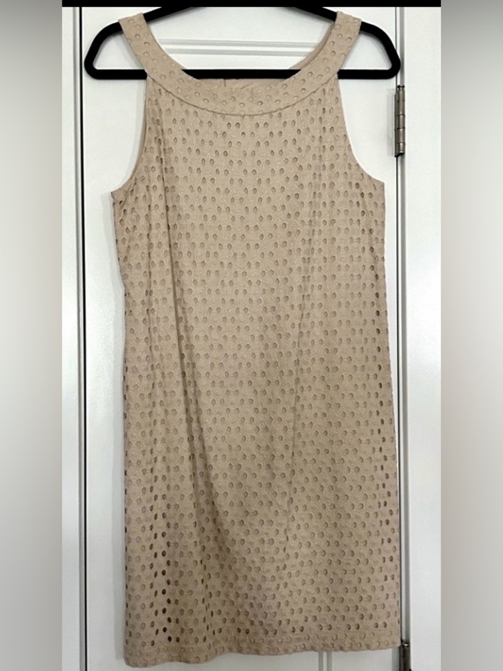 WHBM Cotton Eyelet Lined Dress 6 Tan Neutral Career Minimalist Classic Lagenlook